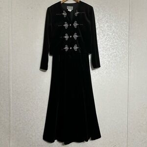 Stonebridge Vintage Black Velvet Embroidered Maxi Dress attached Jacket Gothic 8